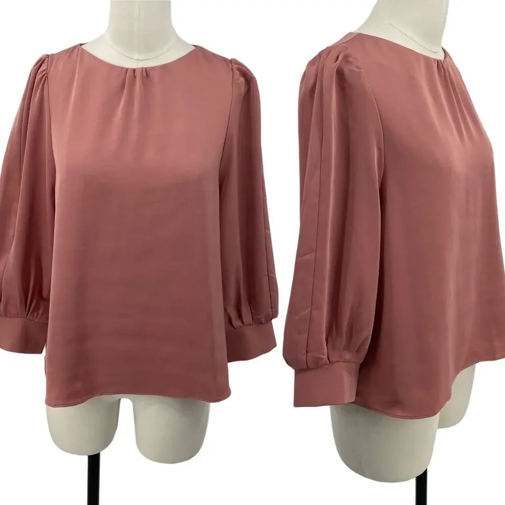 Tuckernuck Pomander Place Farah Blouse Long Puff Sleeve Satin Mauve Pink XS